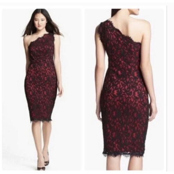 Tadashi Shoji Cocktail Dress One Shoulder Knee Length Red Black‎ Lace Size 14 - Picture 1 of 5